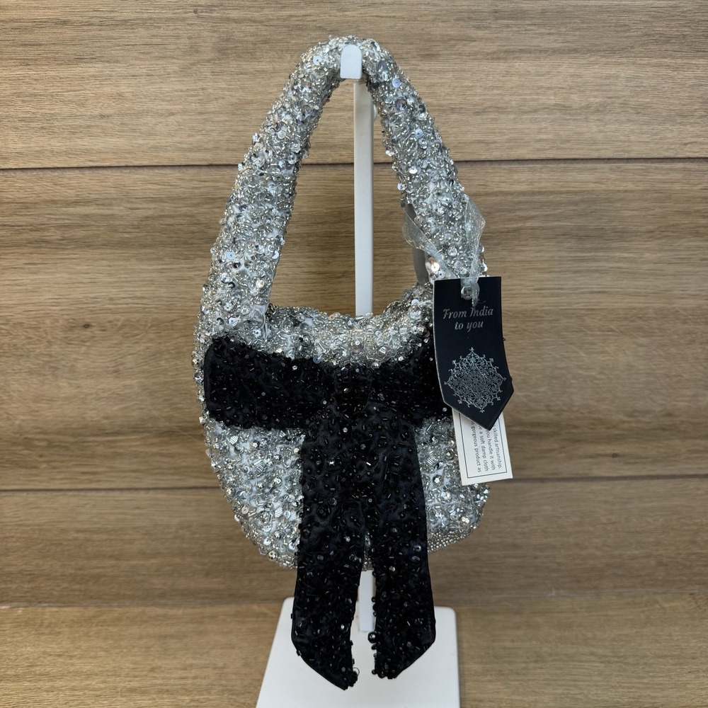 Silver Beaded Mini Bag Black Bow Crystal Sequin Sparkle Party Purse India